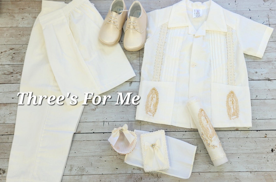 Virgen Mary 3pcs Ivory and White Guayabera Outfit: Mexican Boy