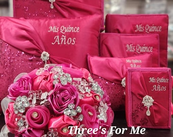 Fushia Hot Pink Quinceanera, sweet 16, Bible,biblia cojin, pillow, money box, photo album, album de foto, almuada
