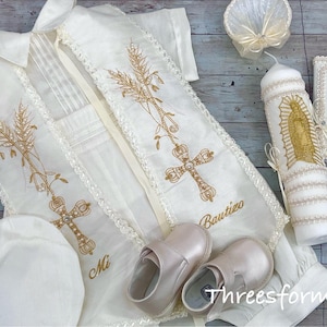 Boy Baptism Christening Outfit: Romper Gown Ropon, White or Ivory Boy Gown, Vintage Outfit, Niño Bautizo, Baptism Candle, Shoes
