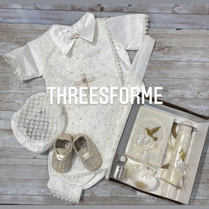 Boy Baptism Christening Outfit: Romper Gown Ropon, White or Ivory Boy Gown, Vintage Outfit, Niño Bautizo, Baptism Candle, Shoes