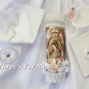 Virgen de guadalupe vela de bautizo de nina, Virgen Mary Girl Baptism candle set white