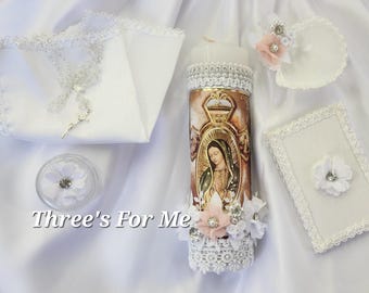 Virgen de guadalupe vela de bautizo de nina, Virgen Mary Girl Baptism candle set white