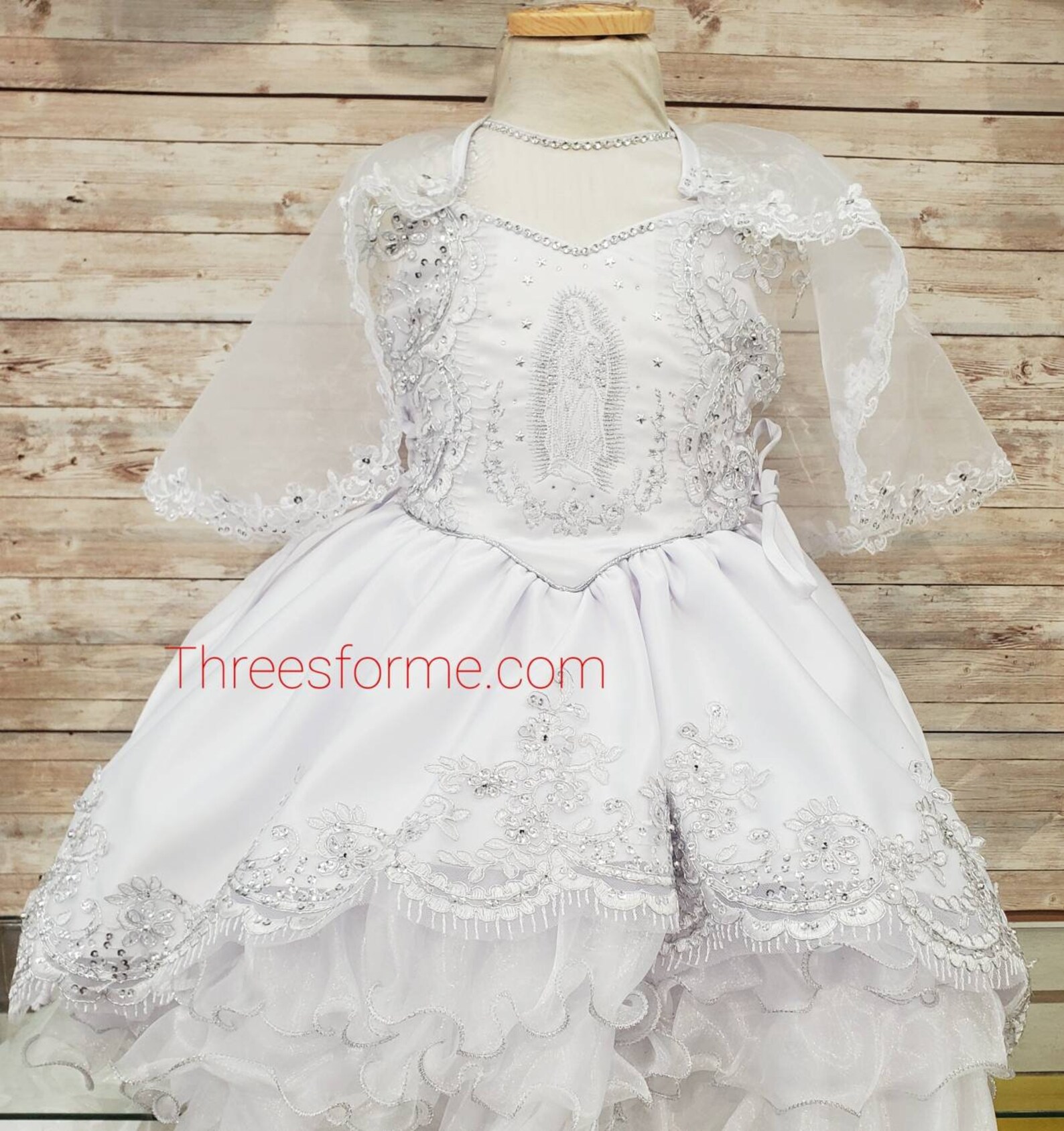 Cap Sleeve 'Hail Mary' Embroidered Baptism Gown w/ Organza Cape main image 1