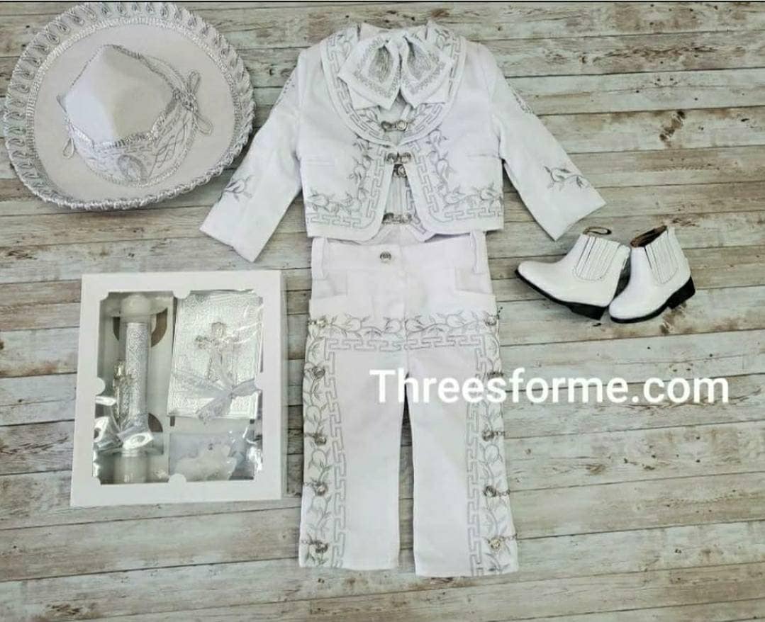 White W/Silver Or White W/Gold Virgin Mary Boy Charro Outfit Suit Traje De Charro Baptism Outift With Candle Kit Con Virgen Maria