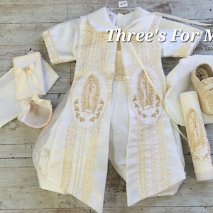 Traje de bautizo para niño: mameluco de ropon, vestido de niño blanco o marfil, traje vintage, niño bautizo, vela de bautismo, zapatos