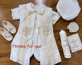 Boy Baptism Christening Outfit: Romper Gown Ropon, White or Ivory Boy Gown, Vintage Outfit, Niño Bautizo, Baptism Candle, Shoes