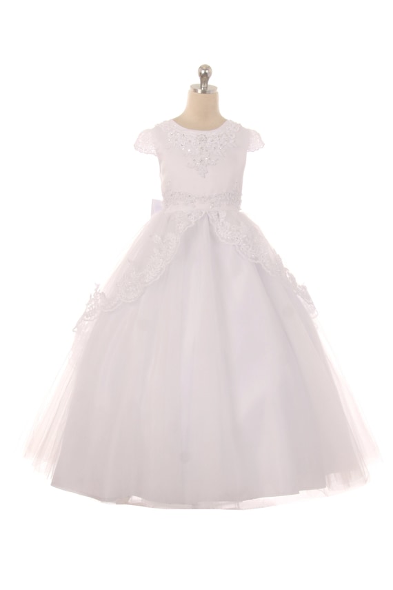 First Communion Dress: Long Lace Dress, Primera Comunion Vestido, Holy  Communion Dress, White Dress, Mesh Lace Top - Main Image