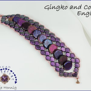 May include: A purple and pink beaded bracelet with a ginkgo leaf design. The bracelet is made with small, round beads and larger, flat beads with a swirling pattern. The title "Ginkgo and Coins English" is visible in the top right corner of the image.