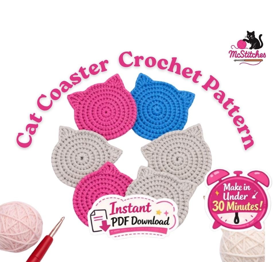 30 Cat Coaster Crochet Patterns for Cat Lovers, Gifts, and Cozy Home Decor 22 Quick Cat Coaster Crochet Pattern