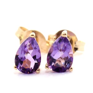 Genuine natural amethyst 1ct pear 9k solid yellow gold studs earrings