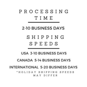 May include: Text-based image with information about processing time and shipping speeds for orders. Processing time is 2-10 business days. Shipping speeds are 3-10 business days for the USA, 5-14 business days for Canada, and 5-20 business days for international orders. A note at the bottom indicates that holiday shipping speeds may differ.