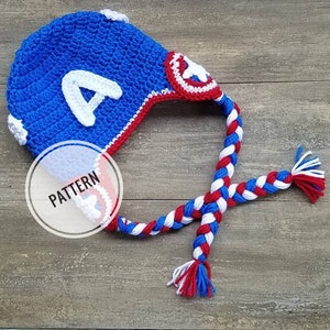 Pattern~Crochet Captain America Hat, Captain America beanie Pattern, Super Hero Pattern, Captain America hat earflaps & tails
