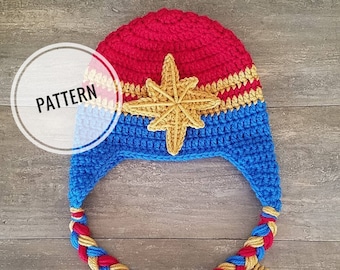 Pattern~Crochet Captain Marvel Hat, Marvel, Captain Marvel beanie, Woman Super Hero, Captain Marvel ,Marvel character hat, Halloween costume