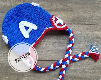 Pattern~Crochet Captain America Hat, Captain America beanie Pattern, Super Hero Pattern, Captain America hat earflaps & tails