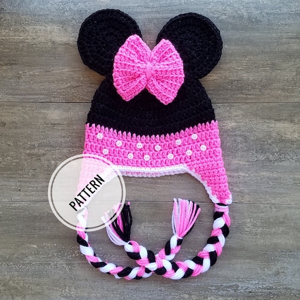 Pattern Crochet Minnie Mouse Hat, PDF Download, Mickey Mouse Character Hats, Minnie Mouse beanie,  Crochet Minnie Mouse, Mickey Mouse