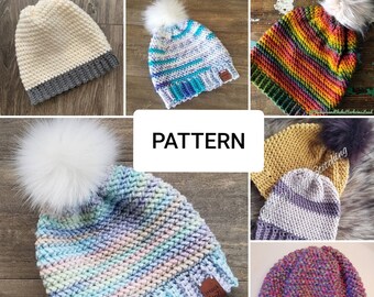 May include: A collection of colorful crocheted hats with pom poms. The hats are made with different colored yarns and have a variety of patterns. The hats are all in focus and the background is blurred.