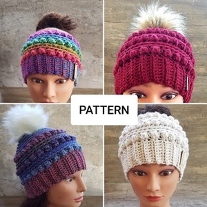 2 PATTERNS~ Dani Messy Bun Beanie, Beanie Crochet Pattern, Messy Bun Beanie Pattern, Bonus Bow Pattern, Pattern, Digital Download ,PDF
