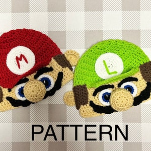 PatternCrochet Mario and Luigi Hat, Mario Hat Pattern, Luigi hat Pattern, Mario costume, inspired by Mario Movie, Mario gamer, Mari Pattern image 1