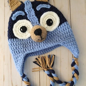 May include: Blue and brown crocheted hat with a cartoon dog face. The hat has a long braided cord.