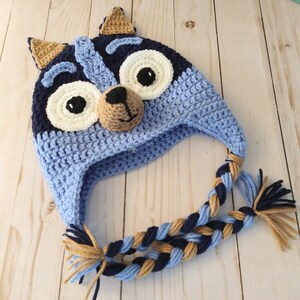 May include: Blue and brown crocheted hat with a cartoon animal face and braided ties.