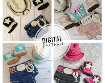 Newborn Cowboy Outfit Crochet Pattern: Hat Booties Diaper Cover (Digital Download)