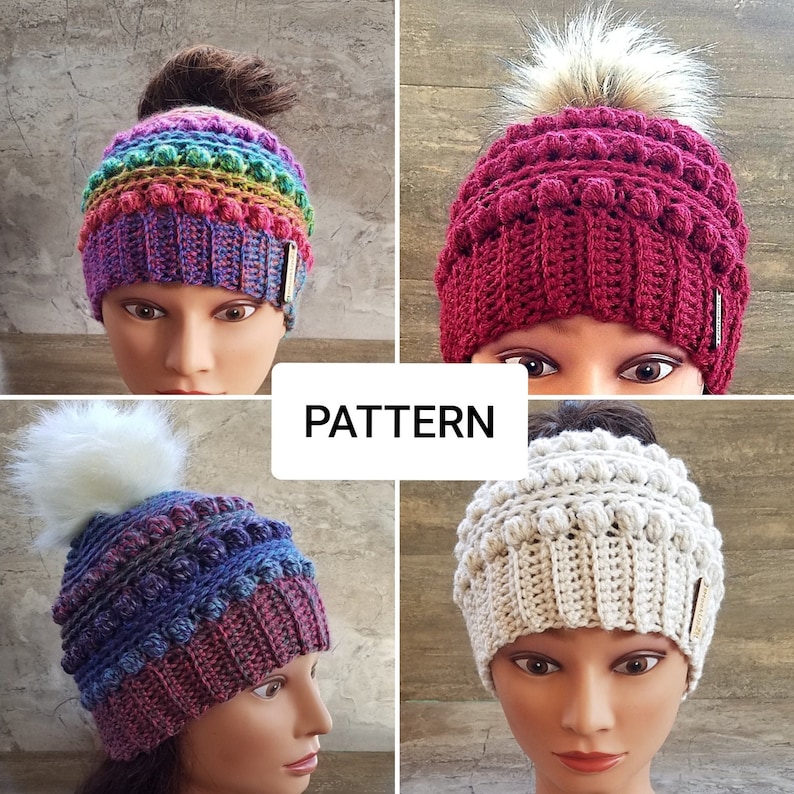 2 PATTERNS Dani Messy Bun Beanie, Beanie Crochet Pattern, Messy Bun Beanie Pattern, Bonus Bow Pattern, Pattern, Digital Download ,PDF image 1