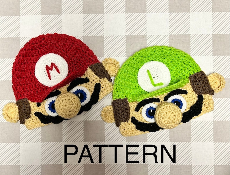 PatternCrochet Mario and Luigi Hat, Mario Hat Pattern, Luigi hat Pattern, Mario costume, inspired by Mario Movie, Mario gamer, Mari Pattern image 1