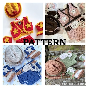 4 in 1 PATTERN ~Cowboy outfit, Cowboy costume photo prop pattern, Crochet baby cowboy or cowgirl pattern, PDF, Cowgirl outfit Pattern, Baby