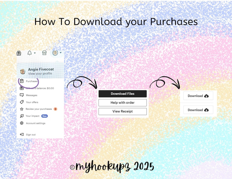 May include: A screenshot of a computer screen showing how to download purchases on a website. The screen shows a menu with options like "Purchases", "Messages", "Your offers", and "Review your purchases". There is a button that says "Download Files" and another button that says "Download". The text "@myhookups 2025" is at the bottom of the screen.