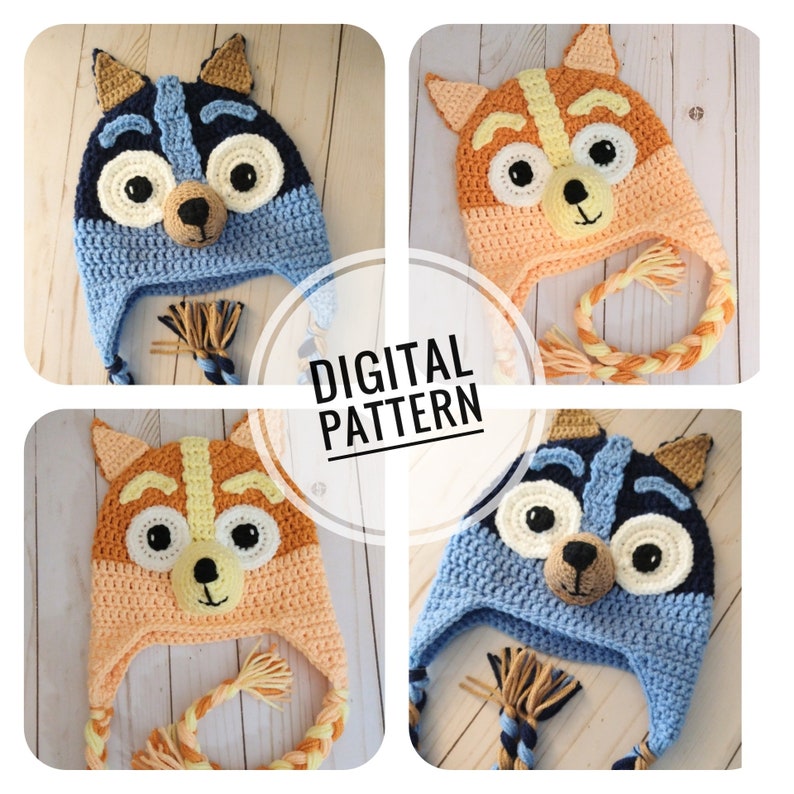 May include: Four crochet hats with animal faces. Two hats are blue and navy with white eyes and a brown nose. Two hats are orange and yellow with white eyes and a brown nose. Each hat has a long braided tail.