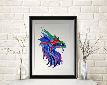 Mythical Fire Dragon Original Watercolor Painting Blue Purple Green Mounted and Matted Home Nursery Decor Wall Art