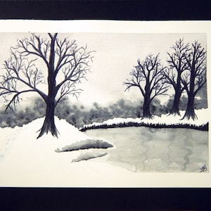 Watercolor Painting Monochromatic Winter In The Woods Landscape Modern Art/Nursery/Office/Home Decor Wall Art
