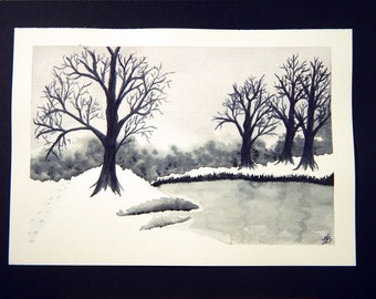 Watercolor Painting Monochromatic Winter In The Woods Landscape Modern Art/Nursery/Office/Home Decor