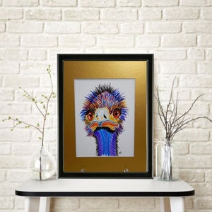 Fanciful Colorful Male Ostrich in Original Watercolor Painting Watercolor Paper Mounted and Matted Nursery Home Decor Wall Art