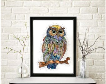 Colorful WHIMSICAL VIBRANT OWL Watercolor Painting: Signed Art