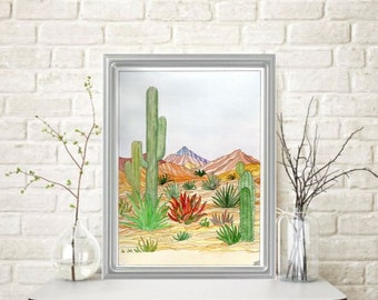 Original ARIZONA DESERT LANDSCAPE Watercolor Painting Home Office Wall Art