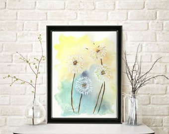 Dandelions with Metallic Accents ORIGINAL Watercolor Painting Home Nursery Decor Wall Art