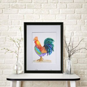 Fancy Rooster Farm Barn Art Original Watercolor Painting Mounted and Matted Home Nursery Decor Wall Art