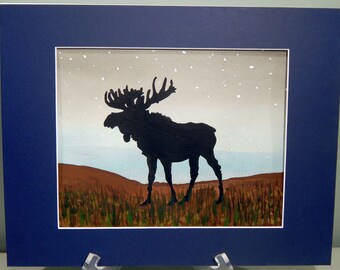 NIGHT MOOSE On The TUNDRA Silhouette Watercolor Painting Mounted / Matted Nursery Home Decor Wall Art