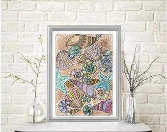 Original SEASHELLS On The SAND Watercolor Painting: Signed Art