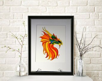 Mythical Fire Dragon Original Watercolor Painting Yellow Orange Red Green Mounted and Matted Home Nursery Decor Wall Art