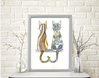 Original Pair FELICIA & FELIX CATS #2 Watercolor Painting: Signed Feline Cat Art