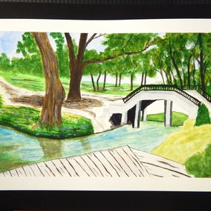 Watercolor Painting Bridge At The Park Landscape Modern Art/Nursery/Office/Home Decor Wall ASrt