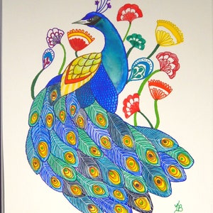 Watercolor Painting Stylized Peacock and Florals Mounted/Matted Modern Art Nursery Office Art image 4