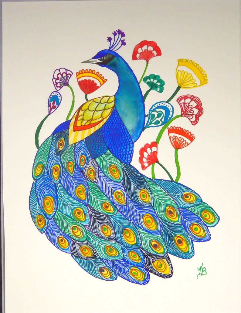 Watercolor Painting Stylized Peacock and Florals Mounted/Matted Modern Art Nursery Office Art image 4