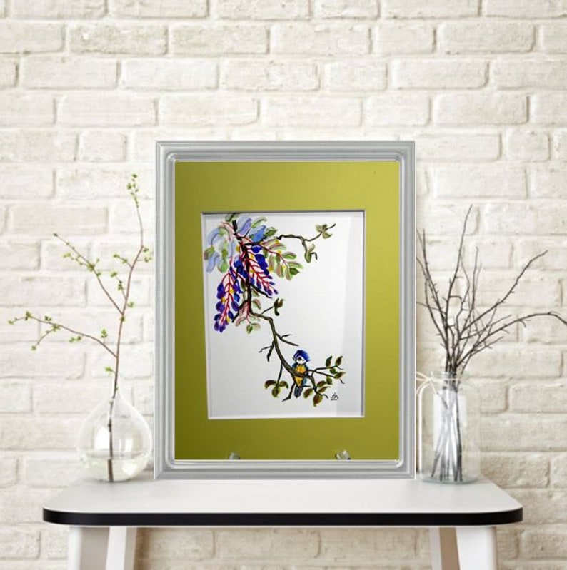 Floral Wisteria /& Eurasian Blue Tit Bird Original Watercolor Painting Mounted and Matted Home Nursery Decor Wall Art