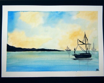 Watercolor Painting Ship At Full Sail Landscape Modern Art/Nursery/Office/Home Decor