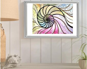 Abstract NAUTILUS SHELL SPIRAL Watercolor Painting: Signed Nautical Art