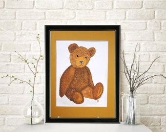 Brown Teddy Bear Original Watercolor Painting Mounted and Matted Home Nursery Decor Wildlife Wall Art