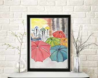 UMBRELLAS In The RAIN Watercolor Painting Home Nursery Decor Wall Art